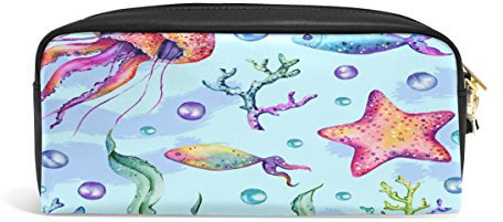 Domoko Federmäppchen mit Aquarell-Quallen, Seestern, PU-Leder, für Make-up, Kosmetik, Reisen, Schultasche