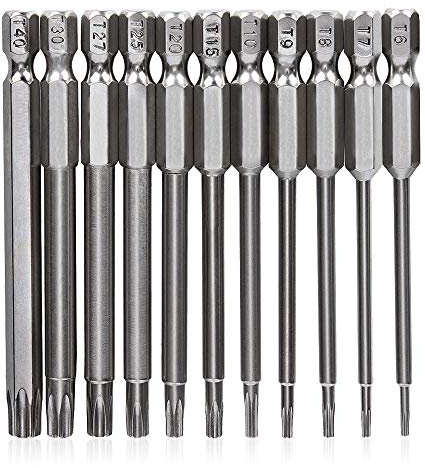 Saipor 11 Stück T6-T40 Magnetisch Torx Bits Schraubendreher Set 100mm Lange | S2 Stahl Torx Kopf Schraubendreher Bit mit 6,35mm Sechskant Schaft