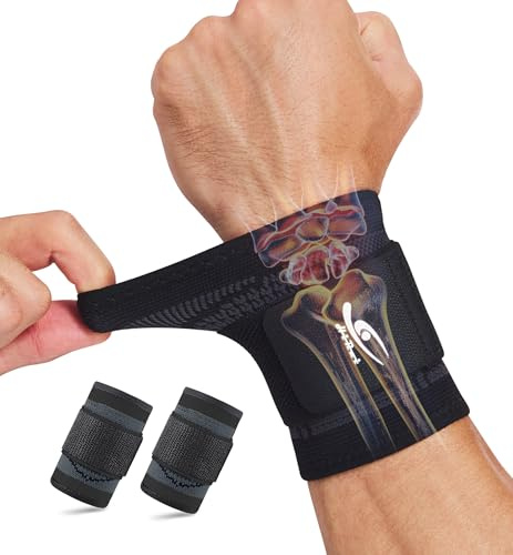 HiRui Wrist Brace/Wraps Wrist Compression Strap and Support for Work Fitness Weightlifting Sprains Tendonitis, Carpal Tunnel Arthritis, Pain Relief, Adjustable Wristbands 2 PACK (Black, M)