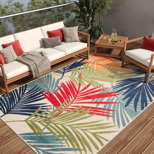 TAPISO Patio Teppich Outdoor Indoor Creme Mehrfarbig Blätter Wetterfest Sisaloptik Strapazierfähig Wohnzimmer Terrasse Balkon ÖKO-TEX 140 x 200 cm | strapazierfähiger Teppich UV-beständig Flachgewebe Sisaloptik Robust Wetterfest Terrasse Wintergarten Balkon OEKO-TEX