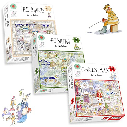 Tim Bulmer 3 x 1000 Piece Jigsaw Puzzles - Christmas, The Bard and Fishing - 66cm X 50cm - 1000 Piece Jigsaw Puzzles For Adults - Comical Artworks, Cartoon Jigsaw Puzzle