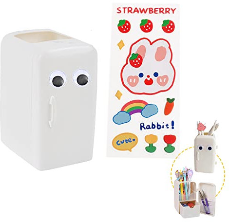 BieFuSin Cute Refrigerator Pencil Holder,Cartoon Pen Holder with Sliding Drawers for Kids,Kawaii Pen Pot Makeup Brush Holder for Desk Accessories for Home Office Supplies Organizer (White)