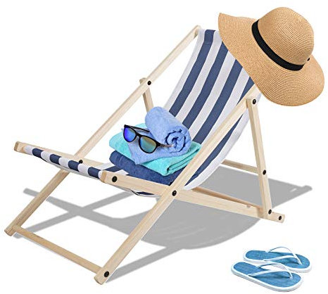 Fiqops Holz Liegestuhl klappbar Gartenliege Strandliegestuhl Strandliege für den Garten, Terrasse und Balkon 120 kg max.