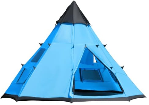 Outsunny Tipi Zelt für 6 Männer, Camping Tipi Familienzelt Hauszelt Steilwandzelt mit Netzfenstern mit Reißverschluss Tür Tragetasche, einfach aufzustellen, für Wandern, Picknick, Outdoor-Nacht, Blau