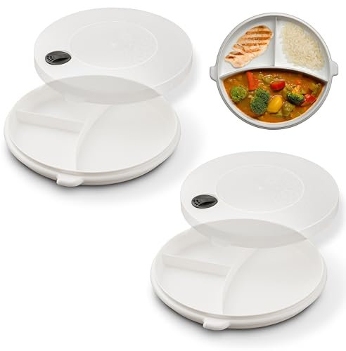 Hausfelder lot de 2 assiettes à micro ondes de 23,5 cm de diamètre, assiette plastique compartiment couvercle, sans BPA, plat micro onde à compartiments