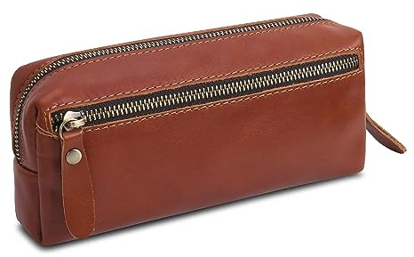Wonderpool Pen Case Real Leather Pencil Pouch Markers Holder Big Capacity Bag with Side Zippered Pocket Sleeve for Stationery Makeup Utensils Organizer