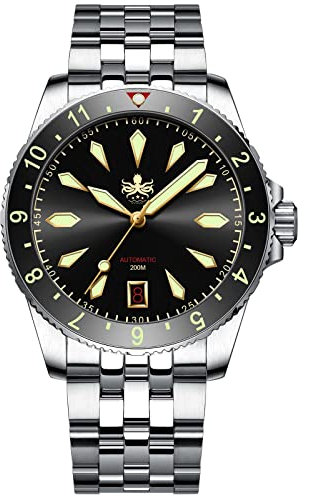 PHOIBOS Voyager Herren-Automatik-Taucheruhr Gehäuse und Armband aus Edelstahl 316L mit 200m Wasserdichtigkeit PY035C Schwarz