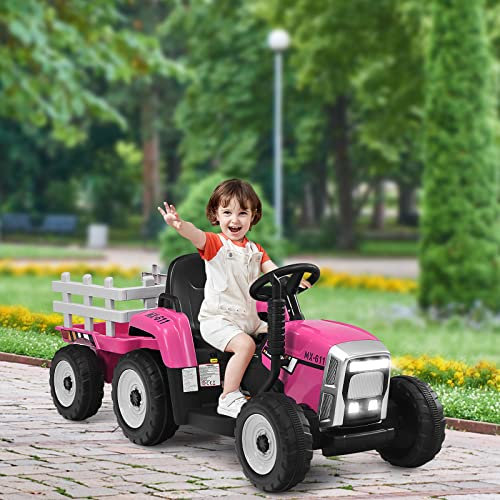 GYMAX Trattore Elettrico per Bambini con Telecomando, Giocattolo Cavalcabile con Funzione di Luce, Musica e Bluetooth, 6 Ruote Antiscivolo, 136 x 51 x 52 cm (Rosa)
