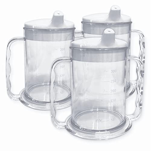Wide Base Two Handled Drinking Cup with Drinking Lid - Pack of 3 | Adult Drinking Aid Mug Elderly Small Spout Drink Lid Double Handle Dementia Arthritis Weak Grip Drink Cup Stable
