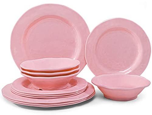 LEHAHA Pink Dishes Melamin-Geschirr-Sets, 12-teilige Küchenteller und -Schüsseln, Geschirr-Sets, leicht, BPA-frei, Melamin-Geschirr für Mädchen, Valentinstag, Muttertag