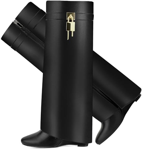 CDHYX Stivali pieghevoli da donna a punta con zeppa e tacco a zeppa al ginocchio con cerniera laterale design lucchetto, nero, 37 EU