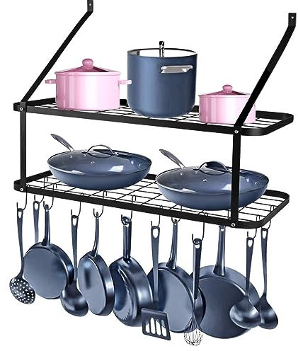 ybaymy Pan Hanger Rack Wall Mounted 75CM Pot Pan Rack for Kitchen Hanging 2 Tier Kitchen Wall Shelf with 10 Hooks for Storage and Organization Black