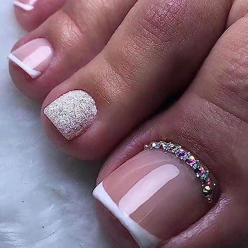 Cubahop 24pcs French Square Fake ToeNails Nude Rhinestone False Toenails Glitter Heart Love Glossy Toe Nail Tips for Women and Girls (pink2)