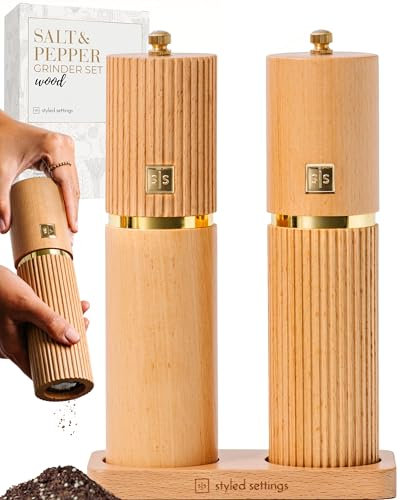 Styled Settings Wooden Salt and Pepper Grinder Set with Gold Accents – Refillable Wooden Manual Salt and Pepper Mill Set with Adjustable Ceramic Mills & Matching Wood Stand - Ideal for Gifting