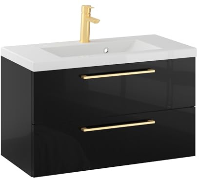 Furni Rosen 80 cm Hängend Waschbecken mit Unterschrank und Stilvollen und Goldenen Griffen Waschbeckenunterschrank Badezimmer Waschtisch mit Unterschrank Waschtischunterschrank