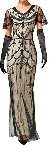 KBOPLEMQ Gatsby Kostüm Damen Charleston Kleid Abendkleid Abschlussballkleid 1920er Retro Cocktail Stil Flapper Kleid mit Pailletten, Lang, 1920er-Jahre, Flapper-Cocktailkleid, Netzstoff