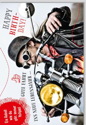 Lustige Geburtstagskarte im Biker-Stil mit Motorrad-Rocker, Helm und Sonnenbrille sowie dem Spruch Gute Fahrt ins neue Lebensjahr! Ideal für Motorradfans. Inklusive Umschlag.