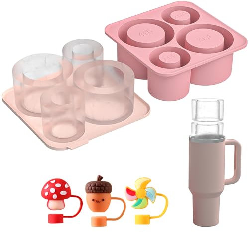 Cubitera de silicona para vasos Stanley con 3 fundas para pajitas para accesorios Stanley Cup, 4 bandejas para cubitos de hielo para Stanley Cup, molde de silicona con tapa para tazas de 30/40 oz