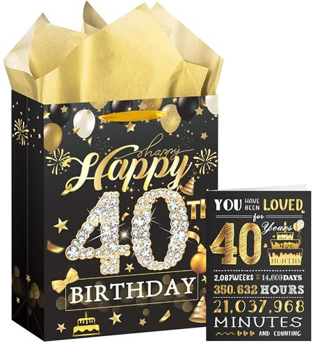EoBeCy Geschenktüte zum 40. Geburtstag: Schwarz Gold Happy Geschenktüte mit Karte und Seidenpapier für 40 Jahre alte Männer Frauen - Geschenkpapiertüten mit Griffen für Party