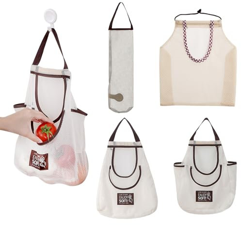 KASESSS 4 Stück Einkaufstasche Netz, Aufhängen Netztasche, Beige Einkaufsnetz, Wiederverwendbare Netzbeutel, Hängende Obstnetz zum Aufhängen für Aufbewahrung von Zwiebeln, Kartoffeln, Gemüse, Obst