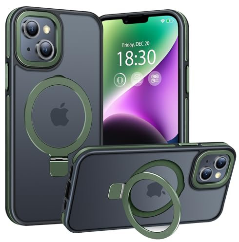BENTIACC Handyhülle iPhone 14 Hülle, iPhone 13 Hülle, mit Unsichtbarer Ständer, mit Mag-Safe, Militärschutz, [Transluzente Matte] Anti-Fingerabdruck hülle iPhone 14//iPhone 13 6,1 Zoll (DunkelGrün)