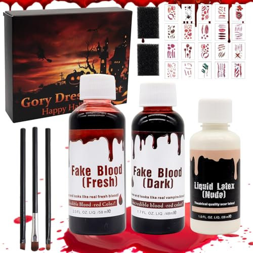 Halloween Set de Faux Sang, Faux Sang Lavable, 58ml Sang Frais Artificiel, 48ml Faux Sang Rouge Foncé, 28ml Latex Liquide, 20 Tatouages ​​Temporaires de Cicatrice, Kit de Maquillage pour Halloween