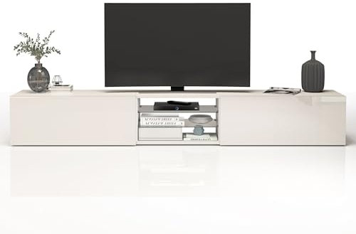 WHOUS Mobile Porta TV EGYPT per Soggiorno con 2 Ante a Ribalta e 2 Ripiani in Vetro, Mobile Tv per Salotto in Legno, 240x38x35 cm, Bianco Laccato Lucido