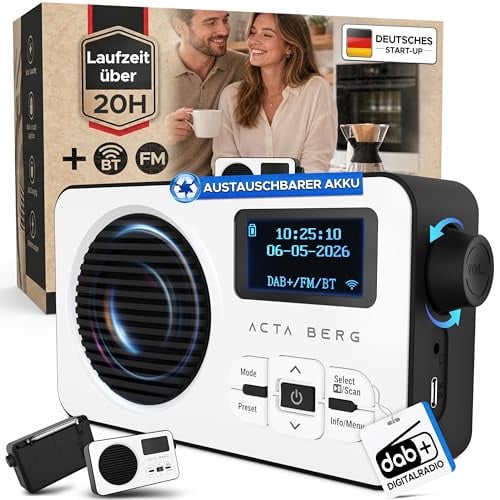 Acta Berg DAB Radio mit Akku 5000 mAh austauschbar & BT 5.3 (Weiß/Schwarz) | DAB+/UKW-Radio, Akku austauschbar + Netzstecker, 80 Senderspeicher, USB-C, tragbares Digitalradio, mit Wecker & Timer