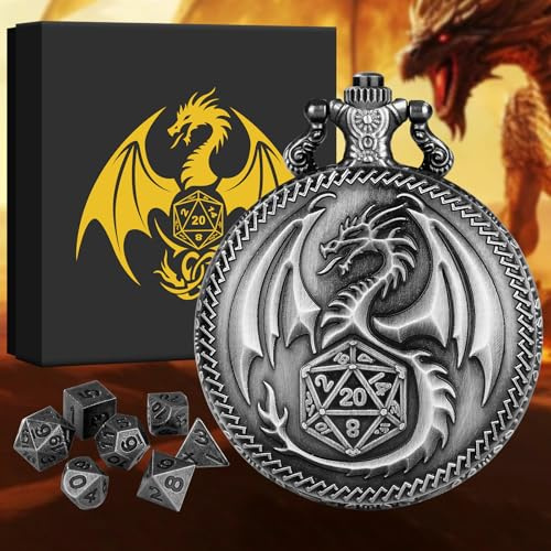 BYRRSF Mini DND Würfel Set Steampunk Drache Taschenuhr-Gehäuse, 7pcs Polyedrische Metall D&D Würfel Set, DND Geschenke mit Geschenkbox, Rollenspiele Brettspiele Zubehör, Silber
