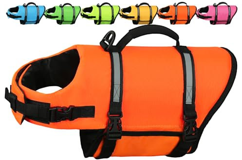 AMZNOVA Rip Stop Hundeschwimmweste, Schwimmweste Hund für Bootfahren, Auftrieb & Schwimmhilfe, Rettungsweste, M, Leuchtend Orange