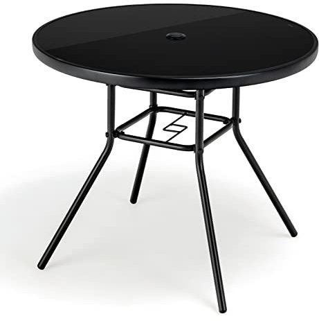 COSTWAY Gartentisch mit Tischplatte aus gehärtetem Glas, 86x86x71cm, Terrassentisch mit Schirmloch, Balkontisch für 4 Personen, Outdoor-Esstisch für Balkon, Terrasse, Garten, Schwarz
