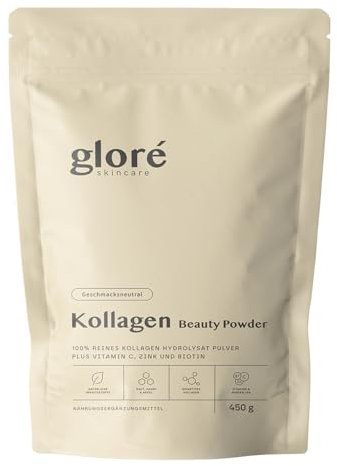 GLORÉ® Kollagen Pulver [450g] - Collagen Hydrolysat mit Vitamin C, Zink & Biotin - Typ 1 & 3 Peptide - hohe Bioverfügbarkeit - Premium Qualität - Perfekte Löslichkeit