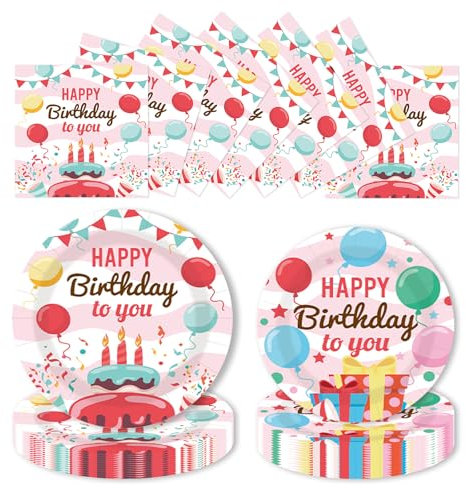 LDFDRT Lot de 60 assiettes en carton et serviettes de fête d'anniversaire - Assiettes de fête de 18 cm, 20 et 23 cm, 20 serviettes et 20 serviettes en papier (gâteau arc-en-ciel)