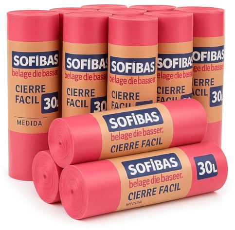 SOFIBAS 10 Rollos de Bolsas de Basura 30L (150 Unidades) con Autocierre | Resistentes, Prácticas e Higiénicas | Ideal para Uso Doméstico | Bolsas de Plástico | Económicas