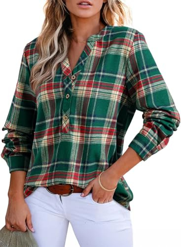 Astylish Women's Dressy Casual Plaid Tops Button-Down Business Work Blouses Fashion Long Sleeve V Neck Boho Shirts Flannel Cozy Fall Outfits Mist Green Large