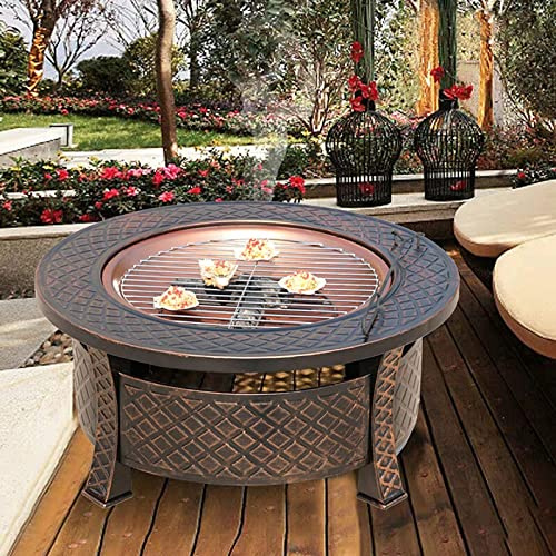 ZJFHEYUO Garden Fire Pit Portable Grill Barbecue Rack Fire Pits with Grill 80cm Large Oxidised Cast Iron Wood Burning Round, Log Burner Outdoor, Firepits and Firebowls Heater Tripod with Guard Lid
