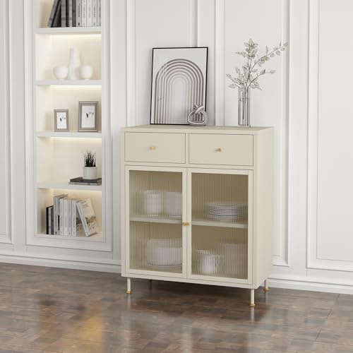 [en.casa] Credenza in Acciaio con Vetrina e 2 Cassetti Mobile Contenitore con Ante in Vetro Scalanato Madia per Cucina Soggiorno Sala Pranzo 97x80x40 cm Bianco Crema