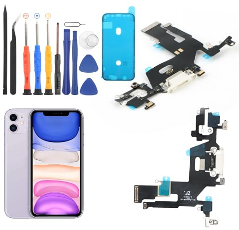 Conector de base para iPhone 11, puerto de carga, cable flexible de repuesto para iPhone 11, cargador USB, conector de placa base con herramientas (blanco)