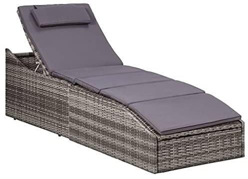 HFXHIJXQ Transat en Résine Tressée avec Coussin, Bain de Soleil de Jardin Pliable et Dossier Réglable, Chaise Longue pour Terrasse Balcon et Piscine, 192 x 62 cm, Gris