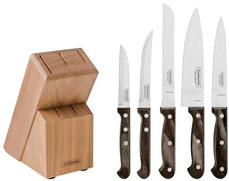Tramontina Juego de Cuchillos de Acero Inoxidable y Mangos de Madera Tratada con Soporte de Madera Polywood Castaño 6 Piezas
