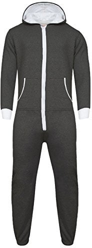 Parsa Fashions ® Womens Plain Zipper Onesie Ladies Onepiece All in One Hooded Zip Up Overall Jumpsuit Playsuit S-XL 8-16 (S, Charcoal - White)