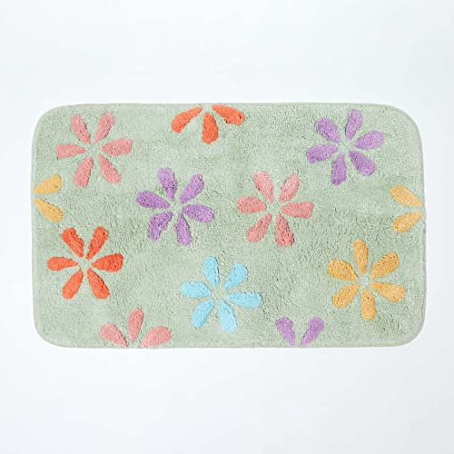 Homescapes Badematte rutschfest, waschbarer bunter Badteppich, 100% Baumwolle, Antirutsch Badvorleger mit Blumenmuster, Große Duschmatte im Pastell Farben 50 x 80 cm, Mehrfarbig