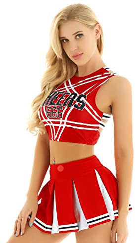 iiniim Damen Cheer Leader Kostüm Cheerleading Uniform Crop Tops mit Faltenrock Schulmädchen Kostüm Cosplay Halloween Fasching Karneval Kostüm S-XXL Rot S
