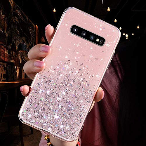 Herbests Schutzhülle für Samsung Galaxy S10, Glitzer, glänzend, TPU, Bumper Case, ultradünn, stoßfest, weiches Silikon, transparent, Sternenhimmel, Rosa