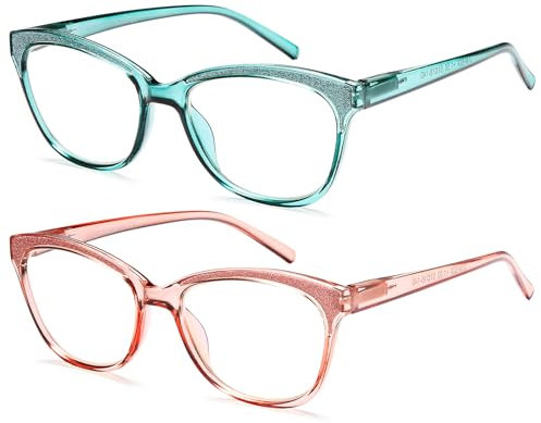 NEW VISION 2 Pack Occhiali da Lettura Donna, Occhiali Anti Luce Blu Donna, Occhiali Lettura con Cerniere a Molla, NV1157 (Rosa+Tiffany, 3, x)
