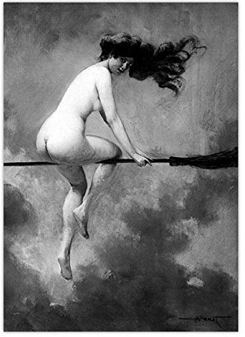 HUAZAI Canvas painting Witch Riding Broomstick Vintage Poster Wall Art Canvas Print Witch Broom Gothic Occult Halloween Antique Black White Painting living room