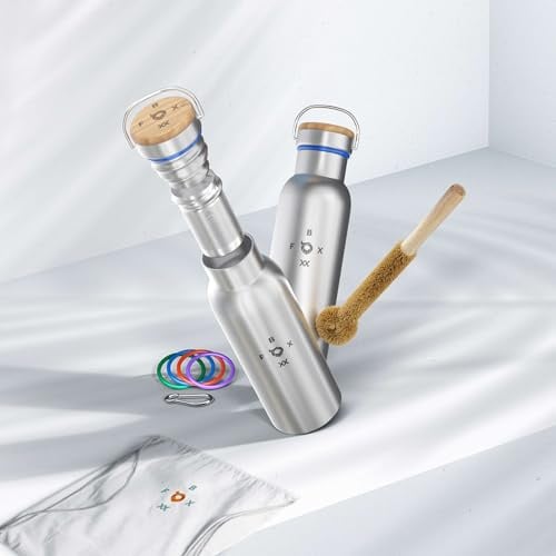 𝗙𝗢𝗫𝗕𝗢𝗫𝗫 Trinkflasche Isoliert | 0,5 Liter - Edelstahl Premium | TEE-Sieb + BIO-Bürste + Dichtungen 5 Farben + Karabiner + Tasche/Thermosflasche Kinder & Erwachsene | gebürstet - matt satin