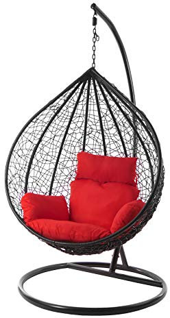 Kideo Komplettset: großer Hängesessel mit Gestell & Kissen, Korbsessel, Poly-Rattan (Korb & Gestell: schwarz, Kissen: rot Nest (3050 Scarlet))