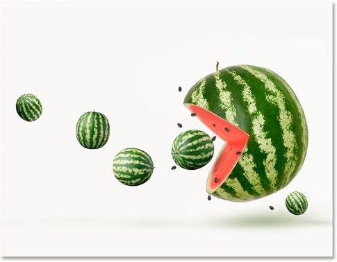 wandmotiv24 Leinwandbild Obst & Gemüse, Querformat, Wassermelone, Pacman, Küche M0390