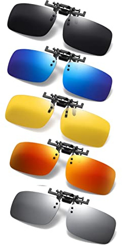 RuiJinGen 5 Pack Clip on Flip up Polarized Lens For Prescription Glasses, 100% UV Protection Sunglasses N44 (YellowBlueGreyRedSilver)…